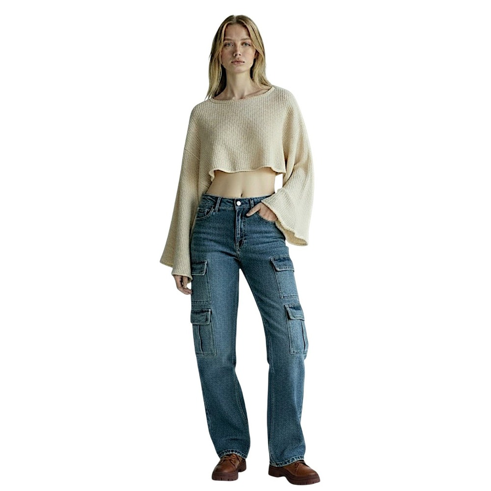 Boho Gauze Crop Top M Women Beige Bell Sleeve Waffle Coastal Layering Grunge Y2K